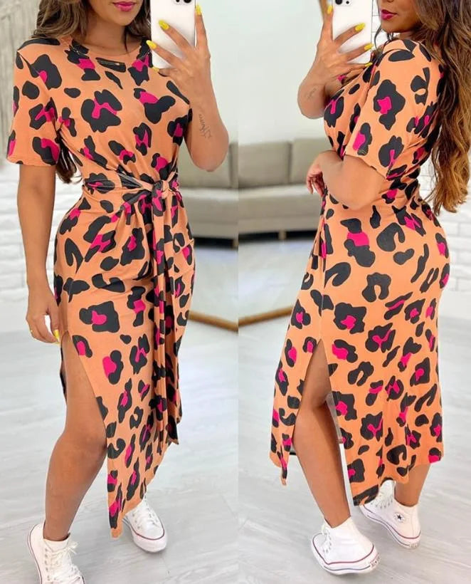White Leopard Print Dress Tied Detail Slit Side Split Dress
