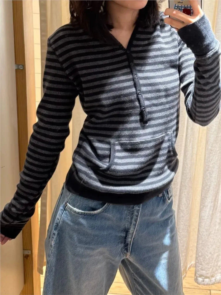 Gray Striped Waffle Hooded T-shirt Women Five  Button CottonSlim Long Sleeve Tee Shirt Casual Preppy Style Vintage Tshirt Y2k NovaCart