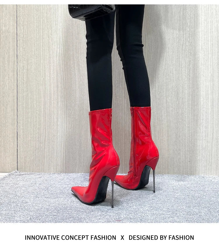 Knee-High Pointy Toe Women Boots 13cm Ultra Thin Steel High Heels Metal Heel Patent Leather Wide Calf Boots for Women Plus Size NovaCart
