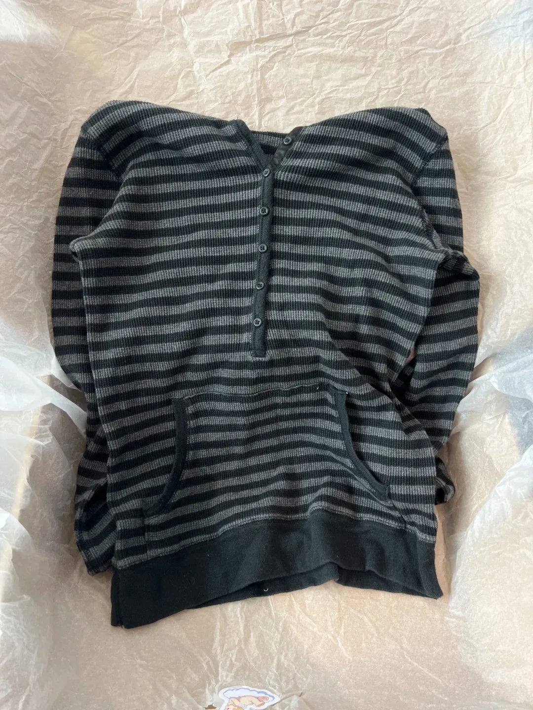 Gray Striped Waffle Hooded T-shirt Women Five  Button CottonSlim Long Sleeve Tee Shirt Casual Preppy Style Vintage Tshirt Y2k NovaCart