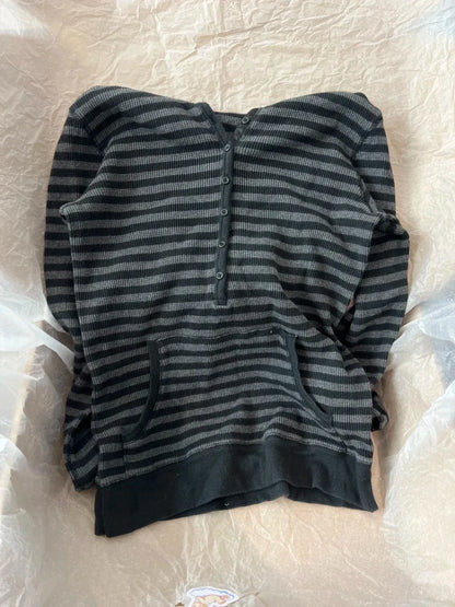 Gray Striped Waffle Hooded T-shirt Women Five  Button CottonSlim Long Sleeve Tee Shirt Casual Preppy Style Vintage Tshirt Y2k NovaCart