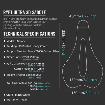 RYET 3D Printed Bike Saddle Ultralight Carbon Fiber Hollow Comfortable Breathable MTB Gravel Road Bicycle Cycling Seating Parts Pi-Mart