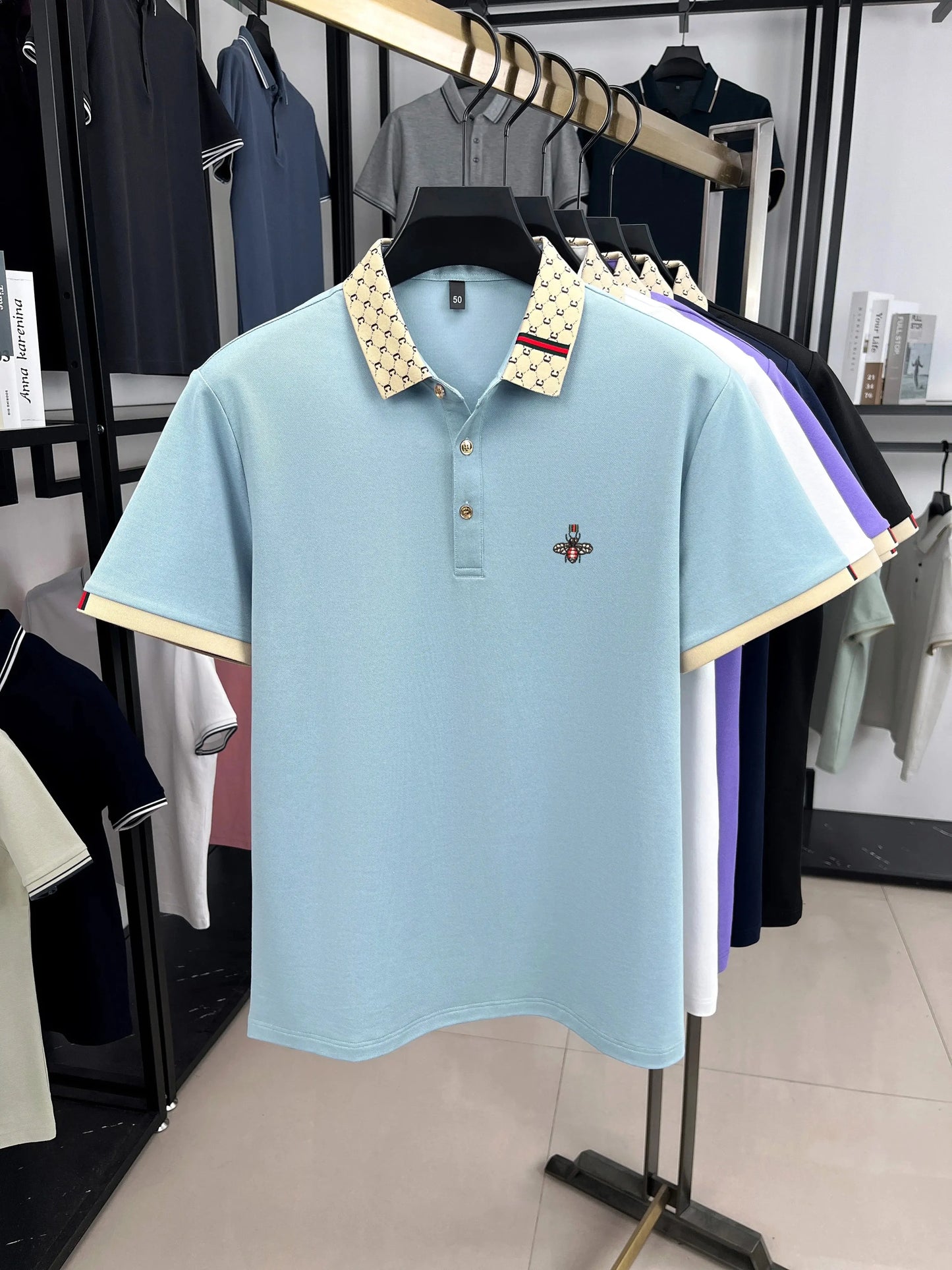 Personality letter jacquard lapel short sleeve T-shirt men high-end brand Little Bee embroidery fashion trend summer polo shirt NovaCart
