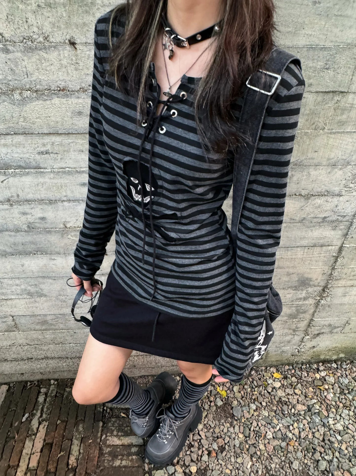 Tonngirls Gothic Retro T-shirt Women Lace Up Striped Casual Shirt Y2k Vintage Print Graphic Tops Streetwear american Grunge Tops NovaCart