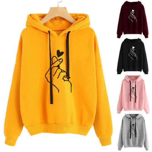 Autumn Fleece Hoodie Solid Color Finger Heart Hooded Korean Fashion Sweatshirts Long Sleeve Top Drawstring Pockets Loose Hoodies NovaCart