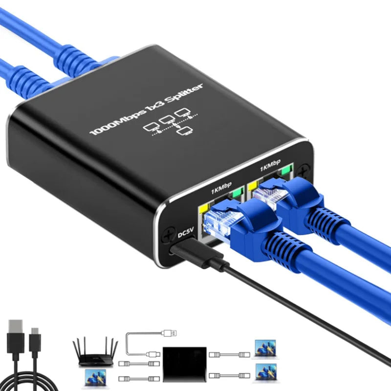 RJ45 Splitter 1 in 2/3/4 Out Network  1000Mbps RJ45 Adapter Gigabit Converter Internet Ethernet 8P8C Extender Plug Extension Pi-Mart