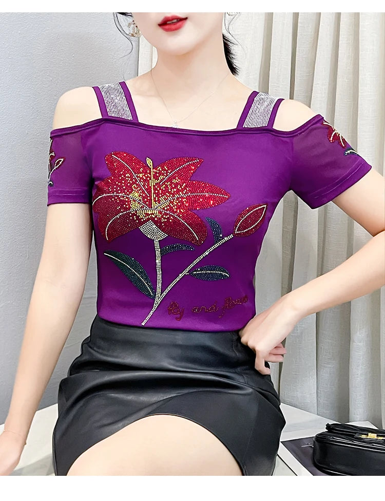 Women's Clothes New Design Sexy Off Shoulder Shiny Diamonds T-Shirts Luxury Brand Mesh Tees Tops Blouse Shirt NovaCart