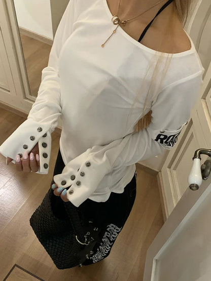Tonngirls American Retro Print T-shirt Women Long Sleece Button Graphic Tops Y2k Tops 2000s Japanese Grunge Tops E-girls Autumn NovaCart