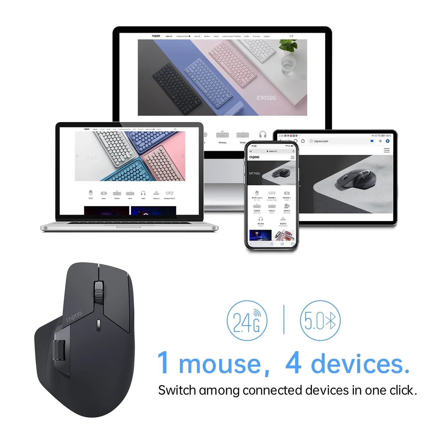 Rapoo MT760L/MT760M Multi-mode Rechargeable Wireless Mouse Ergonomic 4000 DPI Support Up to 4 Devices Bluetooth Mouse Pi-Mart