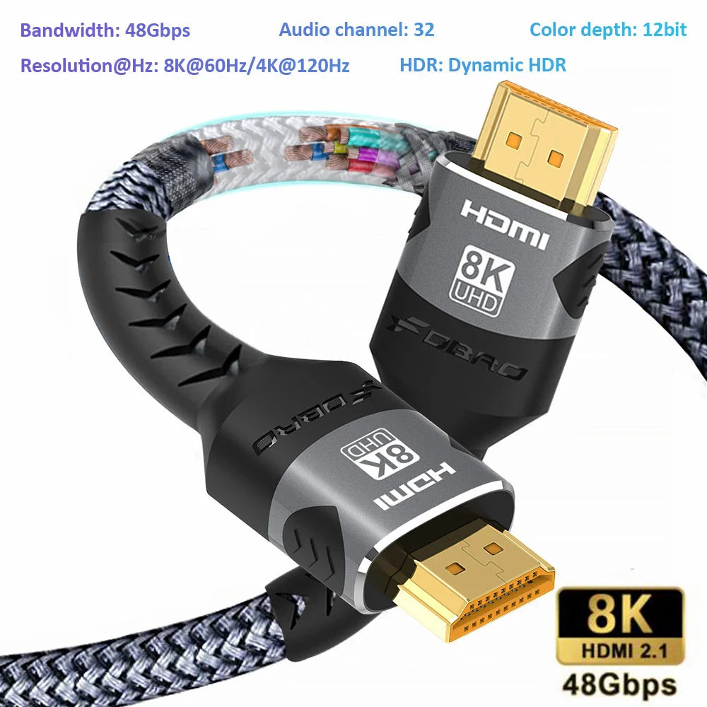 8K HDMI-Compatible Cable 4K@120Hz 8K@60Hz HDMI 2.1 Cable 48Gbps Adapter For RTX 3080 eARC HDR Video Cable PC Laptop TV box PS5 Pi-Mart