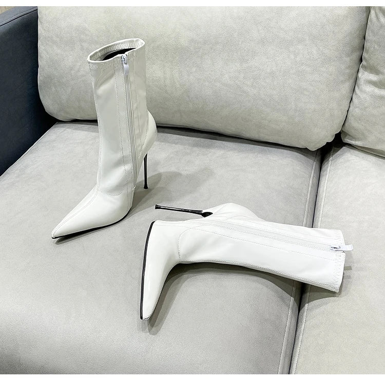 Knee-High Pointy Toe Women Boots 13cm Ultra Thin Steel High Heels Metal Heel Patent Leather Wide Calf Boots for Women Plus Size NovaCart