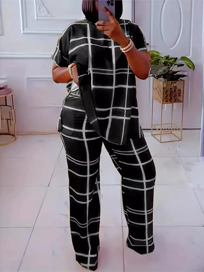 Elements Striped Grid Printed Casual Round Neck  Two Piece Set