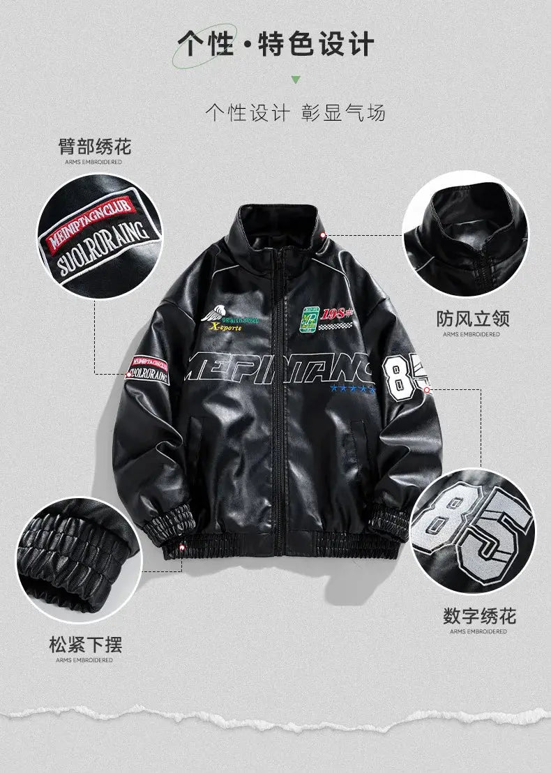 Men's Leather Jacket 2026 New Fall Standing Collar Motorcycle Coat PU Leather Jacket Trendy American Casual Outfit Coat NovaCart