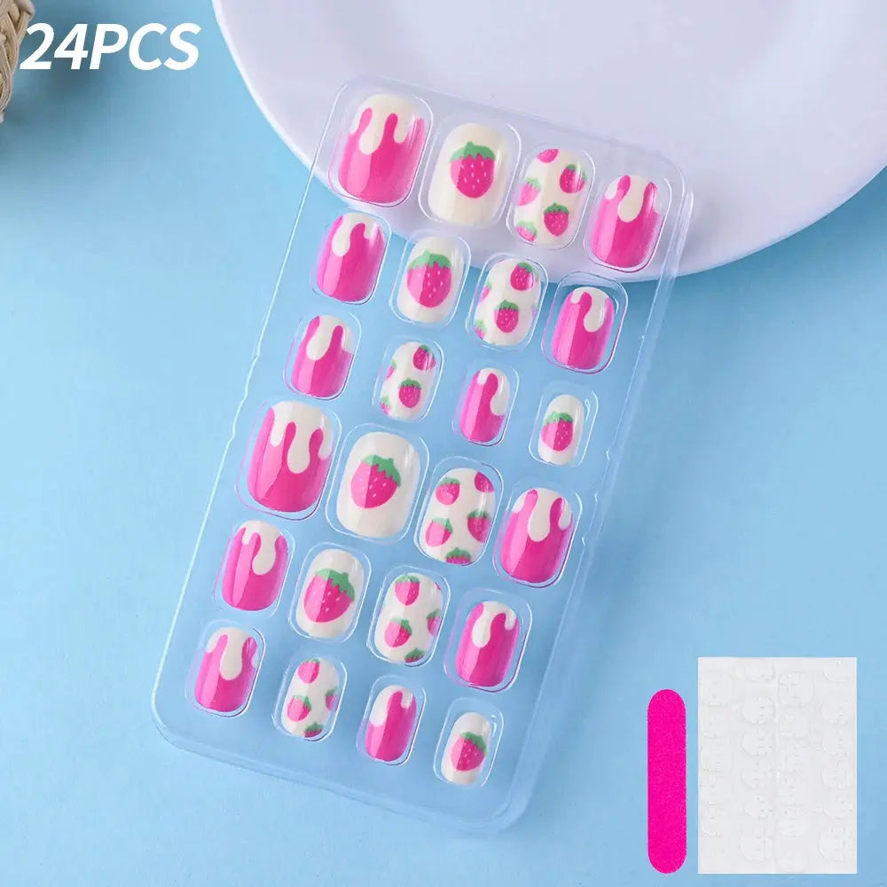 24Pcs/box Kids nails for Girl Cartoon Pattern False Nail Cute Child Fake Nails Tips Kawaii Acrylic Artificial Press on Nail+Tool NovaCart