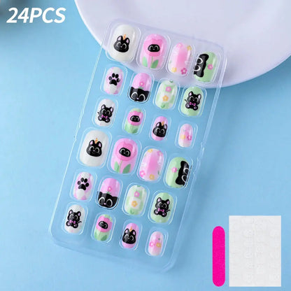 24Pcs/box Kids nails for Girl Cartoon Pattern False Nail Cute Child Fake Nails Tips Kawaii Acrylic Artificial Press on Nail+Tool NovaCart
