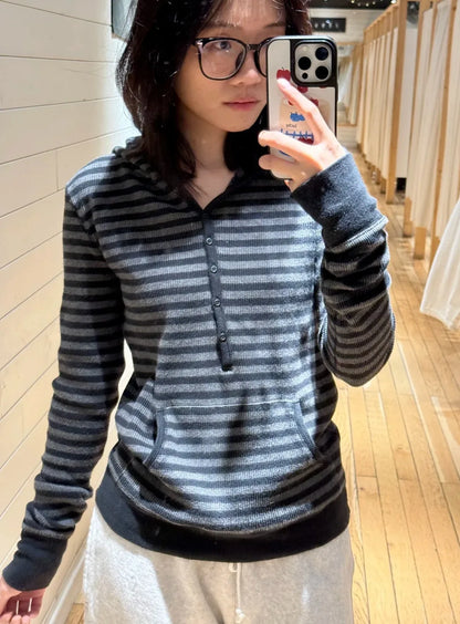 Gray Striped Waffle Hooded T-shirt Women Five  Button CottonSlim Long Sleeve Tee Shirt Casual Preppy Style Vintage Tshirt Y2k NovaCart