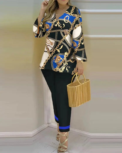 Long Sleeve V-neck Polyester Printing Two Pieces Sets