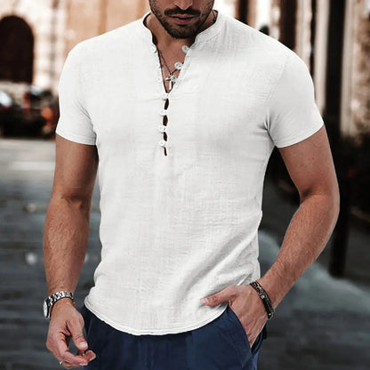 Summer new style men's solid-color retro casual short-sleeved shirt, comfortable and breathable men's short-sleeved top NovaCart
