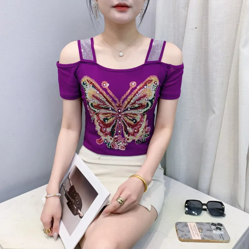M-3XL Summer European Women's Clothes High Quality T-Shirt Luxury Hot Diamonds Design Slim Tees Sexy Girls Streetwear Tops NovaCart