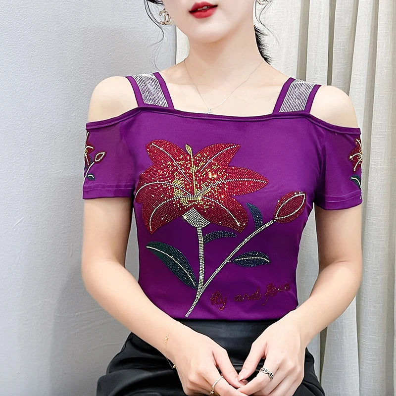 Women's Clothes New Design Sexy Off Shoulder Shiny Diamonds T-Shirts Luxury Brand Mesh Tees Tops Blouse Shirt NovaCart