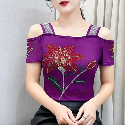 Women's Clothes New Design Sexy Off Shoulder Shiny Diamonds T-Shirts Luxury Brand Mesh Tees Tops Blouse Shirt NovaCart