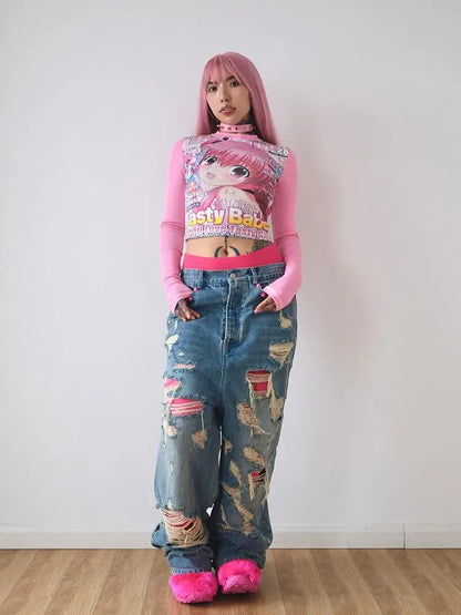 Deeptown Harajuku Kawaii Anime Graphic T Shirts Women Cutecore Cartoon Patchwork Tees Y2K Aesthetic Slim Crop Top Japanese 2000s NovaCart