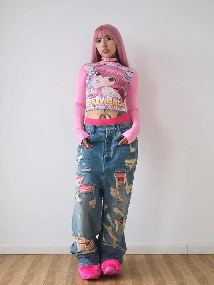 Deeptown Harajuku Kawaii Anime Graphic T Shirts Women Cutecore Cartoon Patchwork Tees Y2K Aesthetic Slim Crop Top Japanese 2000s NovaCart