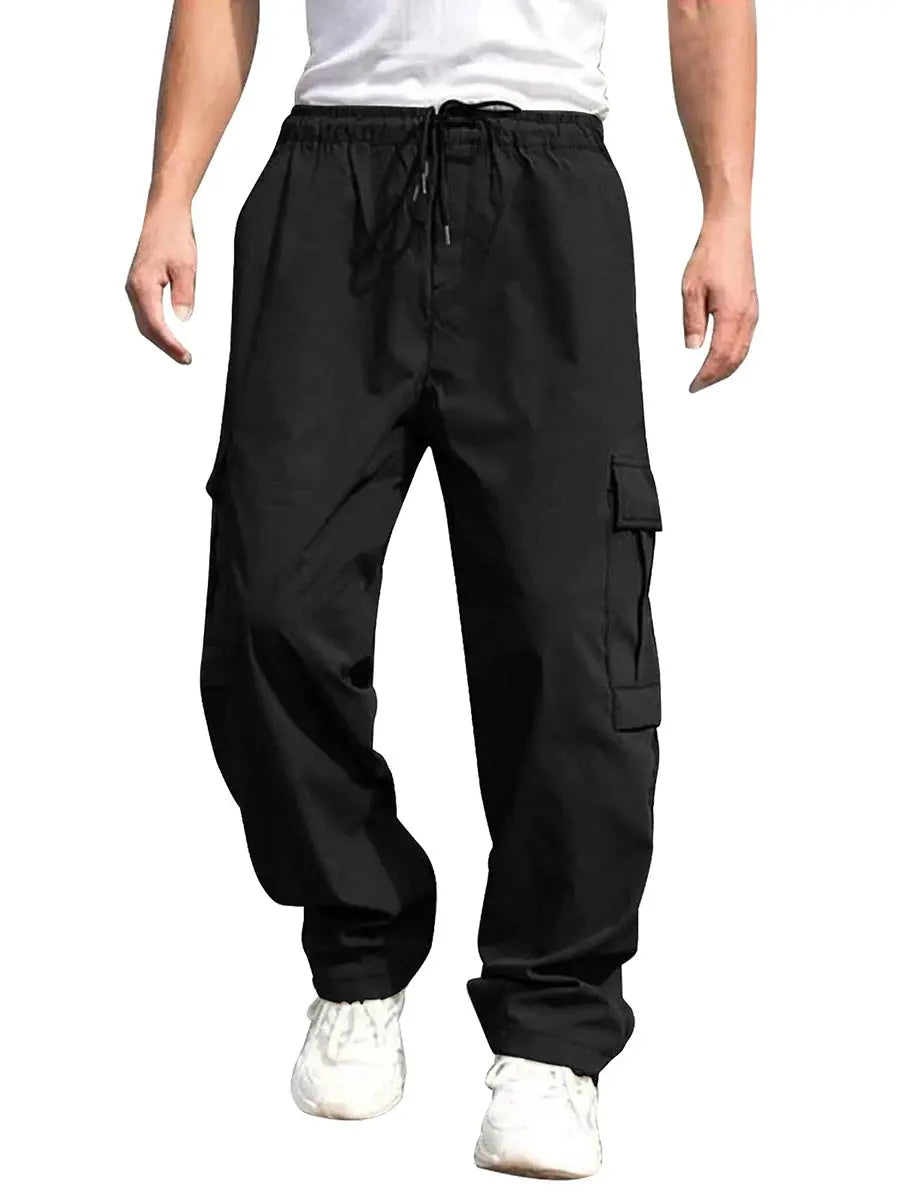 Men s Loose Cargo Long Pants Solid Color Drawstring Waist Straight Leg Trousers Casual Work Pants with Pockets NovaCart