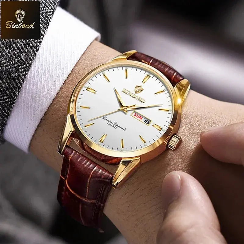 BINBOND Top Luxury Brand Fashion Watch For Men Waterproof Clock Man Date Quartz Wrist Watches Leather Strap Business Man Watch NovaCart
