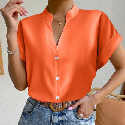 🧡 Summer Women's Satin V-Neck Short Sleeve Shirt – Elegant Casual Wear FitiqueFit