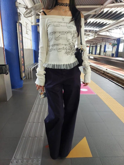 Women´s Slim Fit Off-Shoulder Top - Long Sleeve Ruffle Trim with Note Print NovaCart