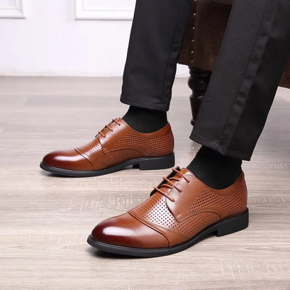 Flat / 6CM Genuine Leather Men Formal Elevator Shoes Wedding Business Height Increase Lift Shoes Invisible Summer Hollow Wedding NovaCart