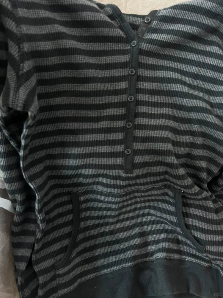 Gray Striped Waffle Hooded T-shirt Women Five  Button CottonSlim Long Sleeve Tee Shirt Casual Preppy Style Vintage Tshirt Y2k NovaCart