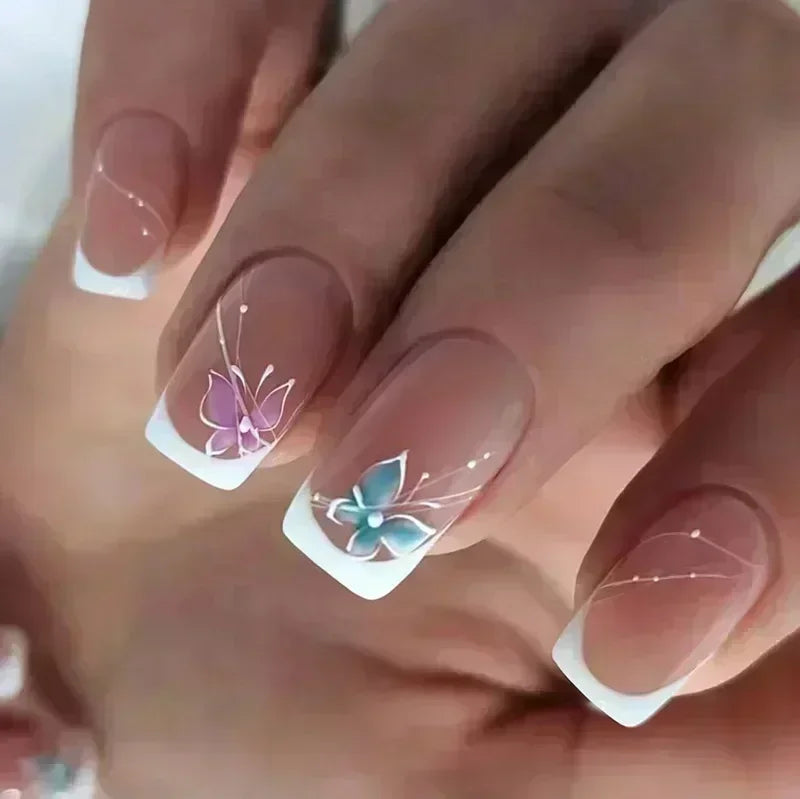 24Pcs Short Square Coffin False Nails Square Fake Nails with Glue French Glitter Wearable Acrylic Nails Set Press on Nail Tips NovaCart