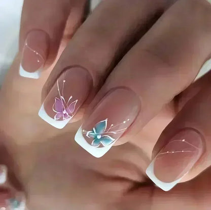 24Pcs Short Square Coffin False Nails Square Fake Nails with Glue French Glitter Wearable Acrylic Nails Set Press on Nail Tips NovaCart