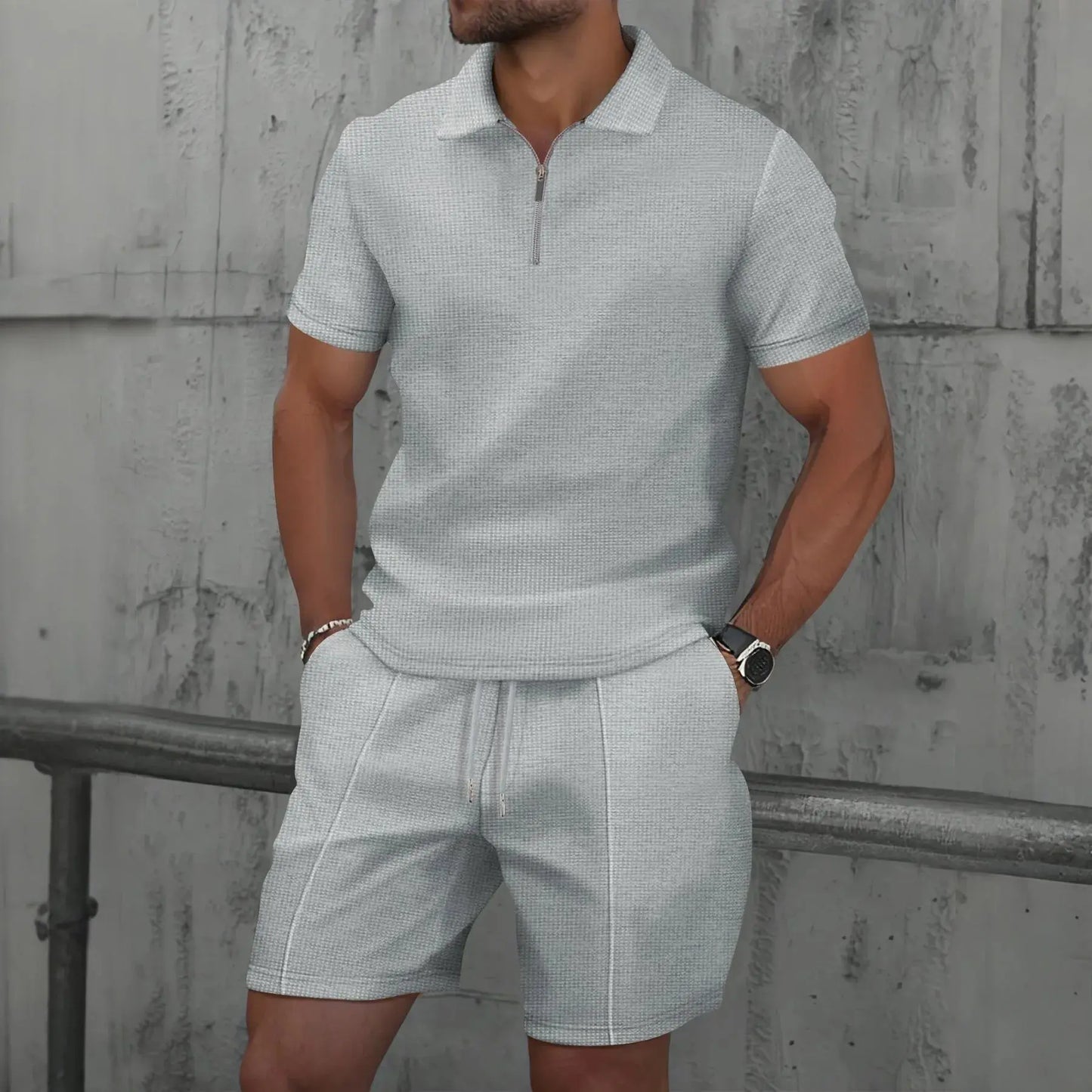 2025 Men Europe and the United States new summer Waffle solid color zip-up lapel short-sleeve suit shorts two sets NovaCart