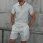 2025 Men Europe and the United States new summer Waffle solid color zip-up lapel short-sleeve suit shorts two sets NovaCart