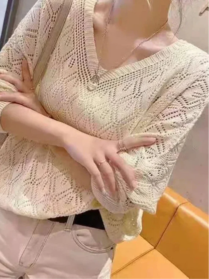 V-neck Crochet Hollow Knit Loose Bat Long Sleeve Sweater