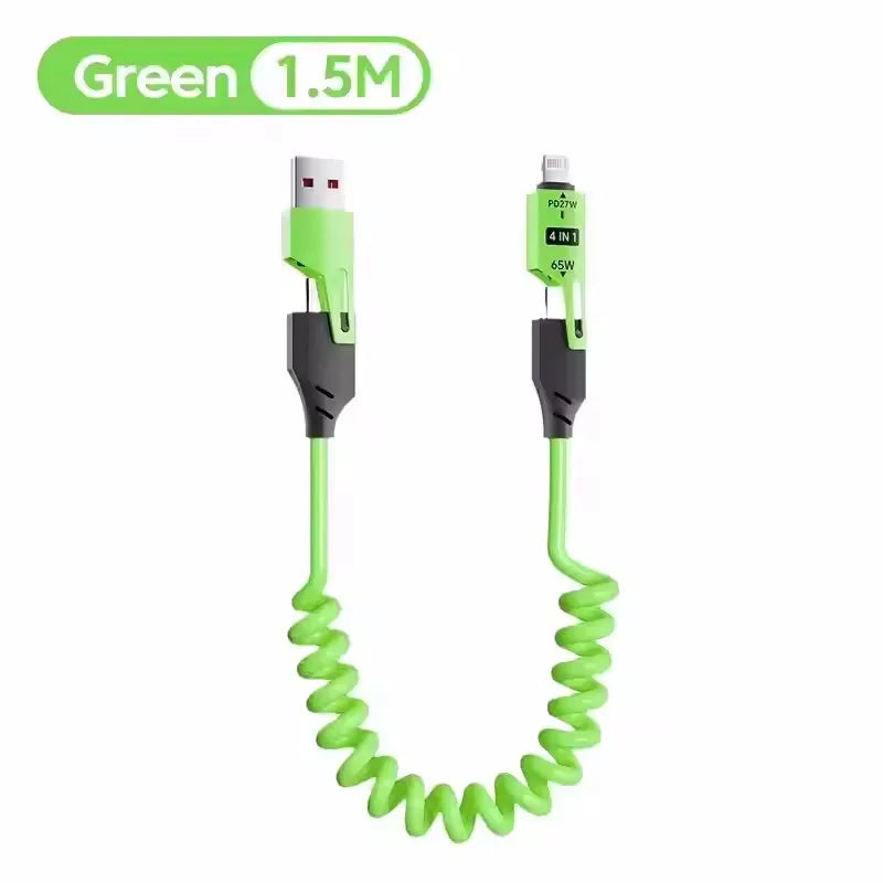 4 in 1 65W Spring Short Data Cable 6A USB Type C Spring Telescopic Quick Charger Wire Spring USB Cable for iPhone 16 15 14 13 Pi-Mart