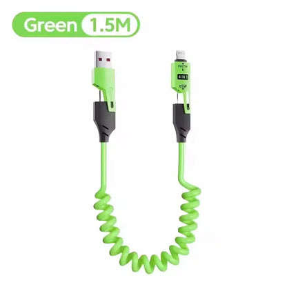 4 in 1 65W Spring Short Data Cable 6A USB Type C Spring Telescopic Quick Charger Wire Spring USB Cable for iPhone 16 15 14 13 Pi-Mart