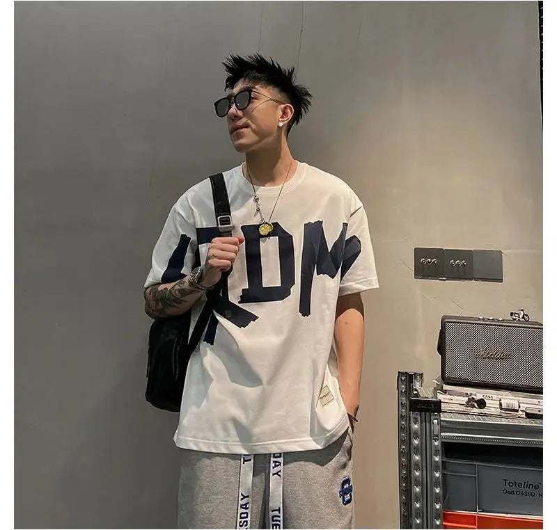 2023 Summer Casual All-match Trend Korean Fashion Short Sleeve Round Neck Solid Color Letter Printed Loose Fashion Youth T-shirt NovaCart