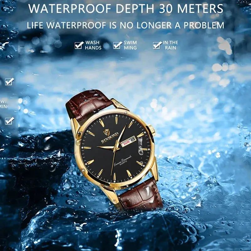 BINBOND Top Luxury Brand Fashion Watch For Men Waterproof Clock Man Date Quartz Wrist Watches Leather Strap Business Man Watch NovaCart
