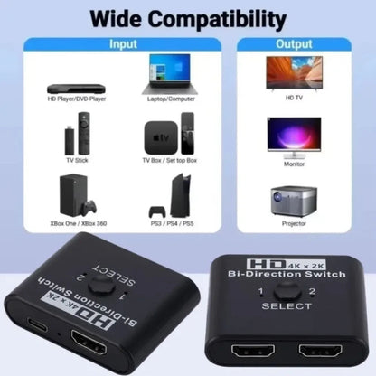 2 Ports Bi-Direction HDMI-compatible Video Switcher High Speed 4K 60Hz HDMI Splitter 2 in 1 out HDMI Switch 1x2/2x1 HUB Adapter Pi-Mart