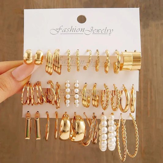 Boho Big Circle Hoop Earring Set for Women, Gold Color Bohemia Vintage Pearl Earring, Heart Zircon Ear Studs Jewelry Gifts NovaCart