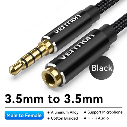 Vention Jack 3.5 Aux Extension Cable for Car Laptop Mini PC TV Xiaomi Huawei Stereo 3.5 mm Jack Headphone Speaker Cable Auxiliar Pi-Mart
