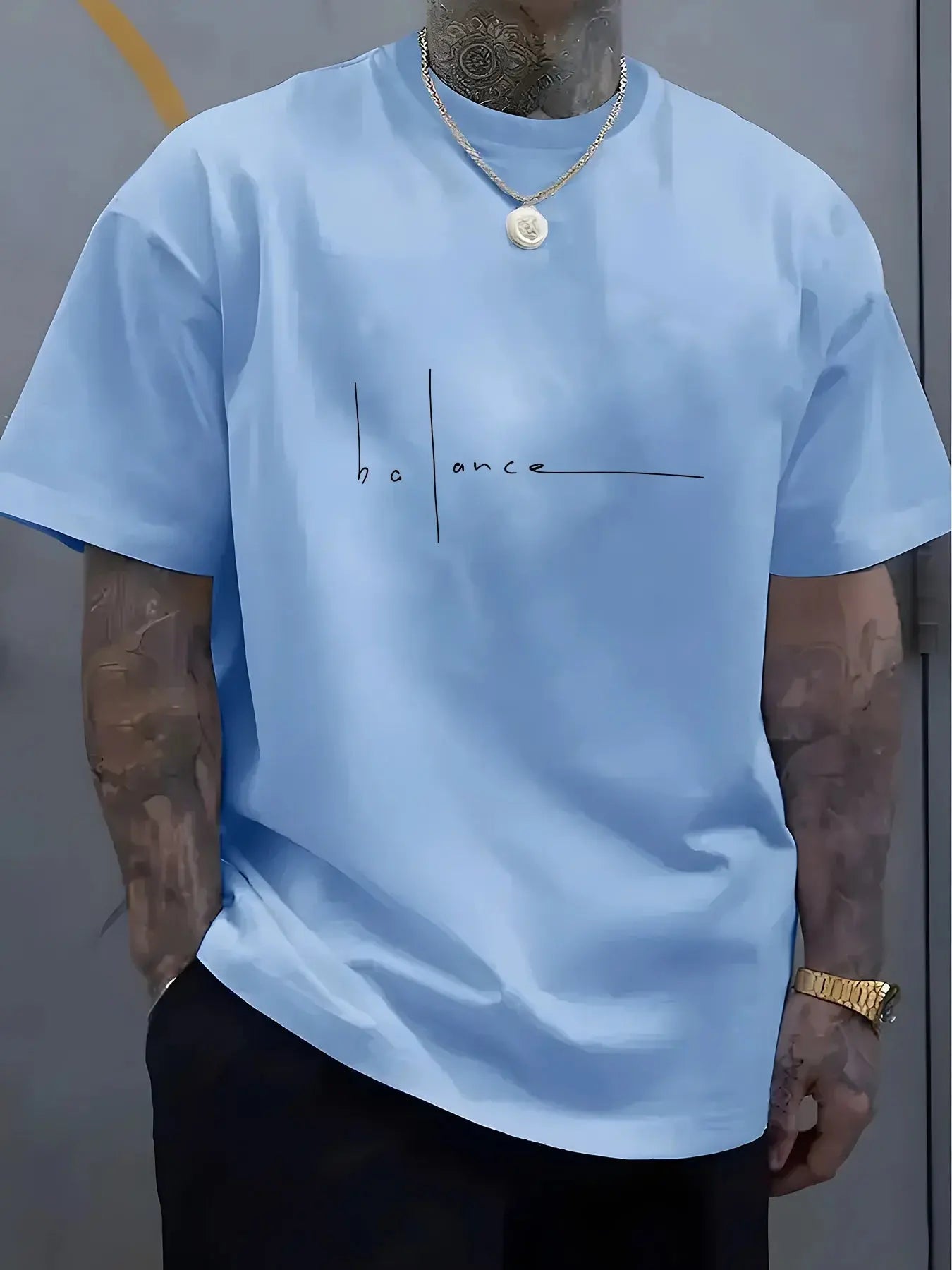 Men's summer 100% pure cotton fashionable casual sports loose trend balance letter print round neck short sleeved T-shirt top NovaCart