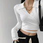 Waist Cross Bandage Polo Shirt Women Y2K Tops Fashion Fitness V-neck T-shirts Woman