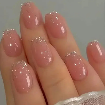 24Pcs Short Square Coffin False Nails Square Fake Nails with Glue French Glitter Wearable Acrylic Nails Set Press on Nail Tips NovaCart