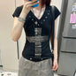 Karrram Japanese Y2k Metal Cross Print T-shirt Vintage Harajuku Short Sleeve Sheer Tops Trashy 2000s V-neck Streetwear Grunge NovaCart