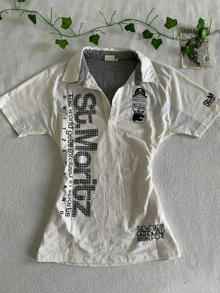 Y2K Japanese Streetwear Polo Shirt Women Slim Crop Tee 2025 White Short Sleeve Tops Letter Badge Houndstooth Vintage Harajuku NovaCart